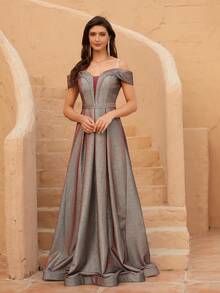 yanchunxier 開肩褶裥女士晚禮服派對禮服 - 灰色 - 查看 6