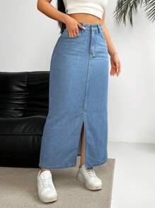 EMERY ROSE Falda midi de mezclilla con abertura para mujer, con cintura alta, ajuste delgado y diseño sencillo de moda - Azul - Ver 4