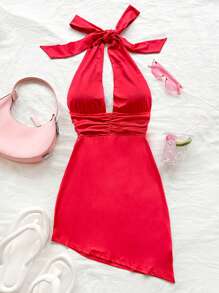 Soleia Vacation Halter Backless Asymmetrical Hem Bodycon Red Dress With Necktie - Red - View 1