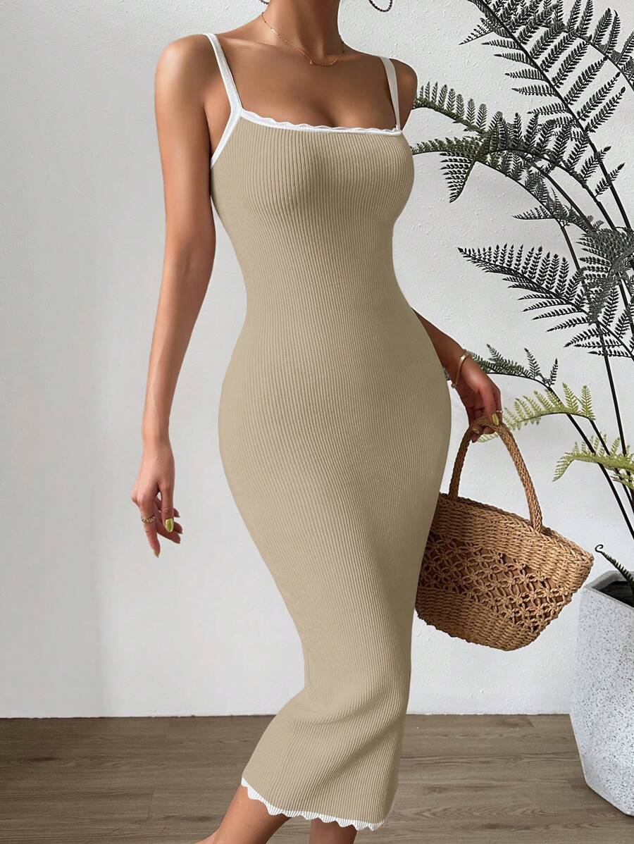 Chiquease Women's Summer Color Block Slim Fit Knitted Cami Sweater Dress With Elegance - Khaki - View 1