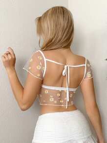 Sweetina Y2k 夏季春装上衣纹理针织文胸罩杯 3D 花卉装饰刺绣花朵透明网眼女式上衣