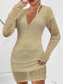 SHEIN Clasi Women Solid Color Simple Daily V-Neck Long Sleeve Hollow Knit Sweater Dress Fall Cloth For Women - Khaki - View 3