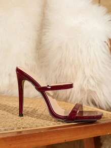 性感时尚系带露趾 4.1 英寸高跟休闲百搭穆勒凉鞋，适合女士，酒红色，夏季