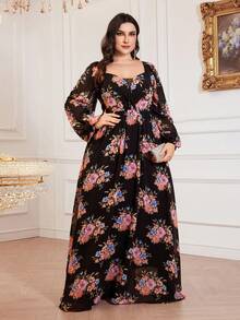 Plus Size Floral Print Lantern Sleeve Dress, Suitable For Vacation - Black - View 5