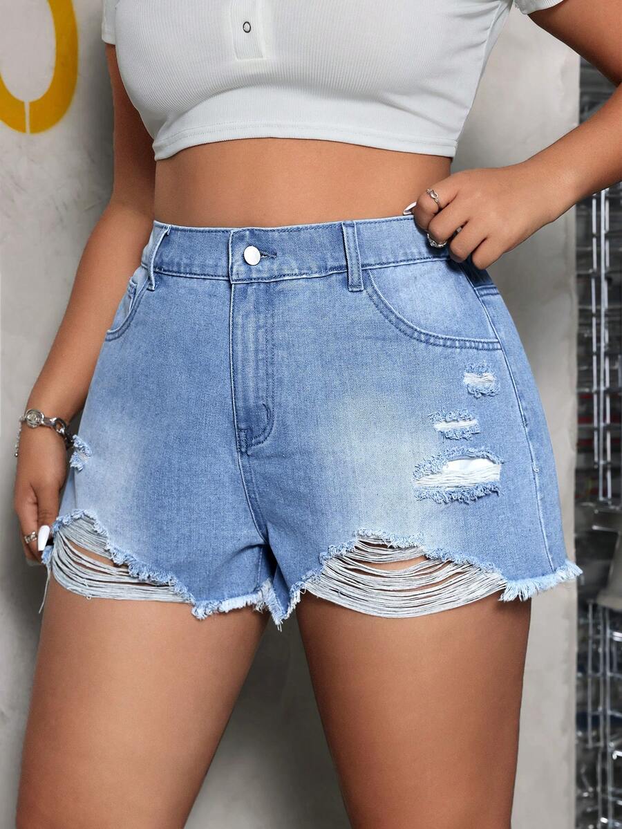 SHEIN EZwear 大尺碼女性時尚夏季磨破造型牛仔短褲 - 藍色 - 查看 1