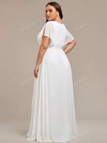 Frauen Große Größen faltende einfarbige gerüschte V-Ausschnitt Rüschenärmel Abendkleider, weiße elegante Kleider Hochzeitskleid, Braut