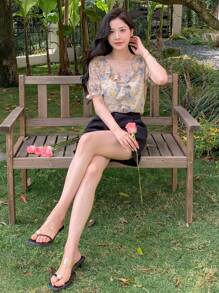 Dazy Designer 女士优雅短袖衬衫，蘑菇蕾丝边，泡泡袖，花卉图案，夏季，荷叶边，返校服