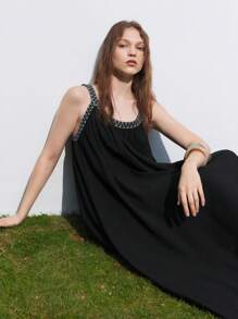 Maija Vestido simple de tirantes para uso diario de mujer - Negro - Ver 2