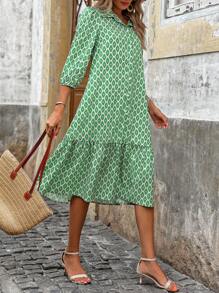 Breezaya Women Summer Floral Print Lantern Sleeve Shirt Dress With Ruffle Hem, Vacation Style