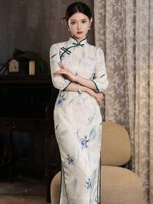 Women's Floral Print Stand Collar Button Front 3/4 Sleeve Fitted Elegant Qipao Dress, Summer - Lime Green - View 5