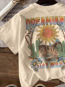 Attitoon Casual Minimalist Cactus Pattern Round Neck Short Sleeve Loose Women T-Shirt, Summer, Containing Cotton - Apricot - View 5