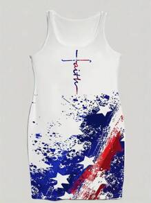 INAWLY Plus Size Mùa Hè Thường Ngày Mực Splatter Letter & Ngôi Sao Năm Cánh In Hình Váy Không Tay Ôm Vừa Vặn - Nhiều màu - Xem 3