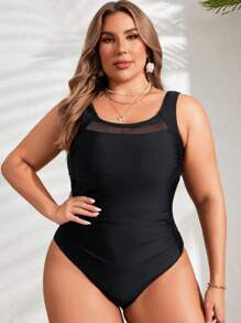 Swim Lushoire Plus Size Women's Plain Simple Daily One-Piece Swimsuit,Summer Beach - Black - View 4