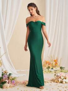 SHEIN Belle Elegante vestido de dama de honor sirena con cintura alta, de manga larga con hombros descubiertos y sin tirantes