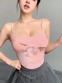 DAZY 女士貓咪印花休閒夏日上衣 - 粉色 - 查看 9
