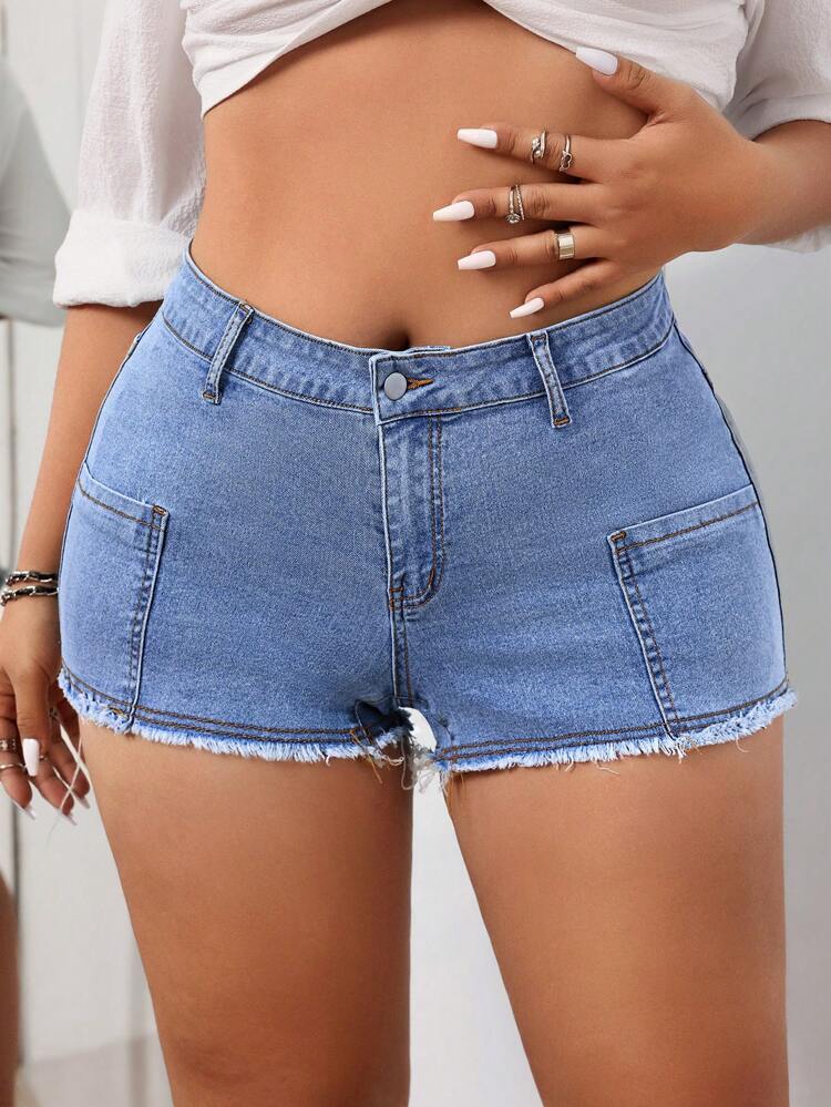 Plus Size Women's Patchwork Frayed Hem Casual Denim Shorts