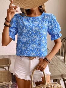 SHEIN Frenchy 假日休閒拼色花卉露空刺繡短袖襯衫 - 藍色 - 查看 3