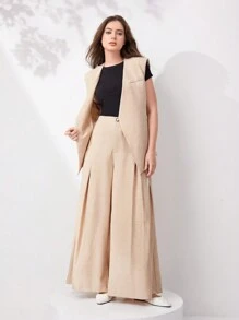 Seusyu Women's Solid Color High Waisted Pleated Wide Leg Daily Commuting Suit Pants - Khaki - View 7
