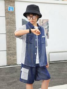 SHEIN Set estivo per ragazzi adolescenti, composto da una camicia a maniche corte con righe e patchwork abbinata a shorts cargo - Multicolore - Visualizzare 4