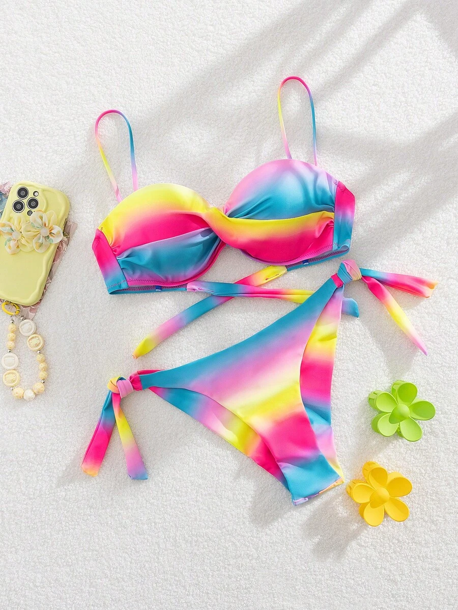 SHEIN Swim Ladies' Bikini Set, PUSH UP And Gather With Underwire, Random Printed Pattern,Summer Beach