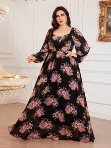 Plus Size Floral Print Lantern Sleeve Dress, Suitable For Vacation - Black - View 4
