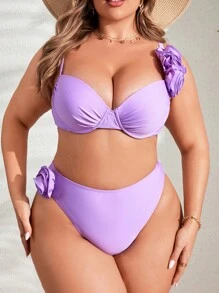 SHEIN Swim Curve Plus Size Solid Color Flower Embellished Vacation Style Bikini Set With Spaghetti Straps, Summer Beachwear - Purple - View 3