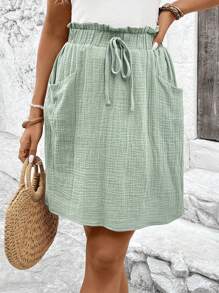 SHEIN LUNE Ladies' Summer Skirt With Frill Trim, Elastic Waistband And Double Pockets