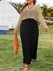 SHEIN Essnce Plus Size Women's Summer Leisure Vacation Country Concert Outfit Beach Sunscreen Two-Piece Set,Summer Two Piece Outfits,Summer Clothes,Summer Co Ord,Summer Women Clothes,Beach Women Dresses - Brown - View 6