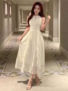 DAZY Vestido de verano de línea A con cuello halter y volantes de unicolor, ideal para cumpleaños, Año Nuevo y bailes de graduación