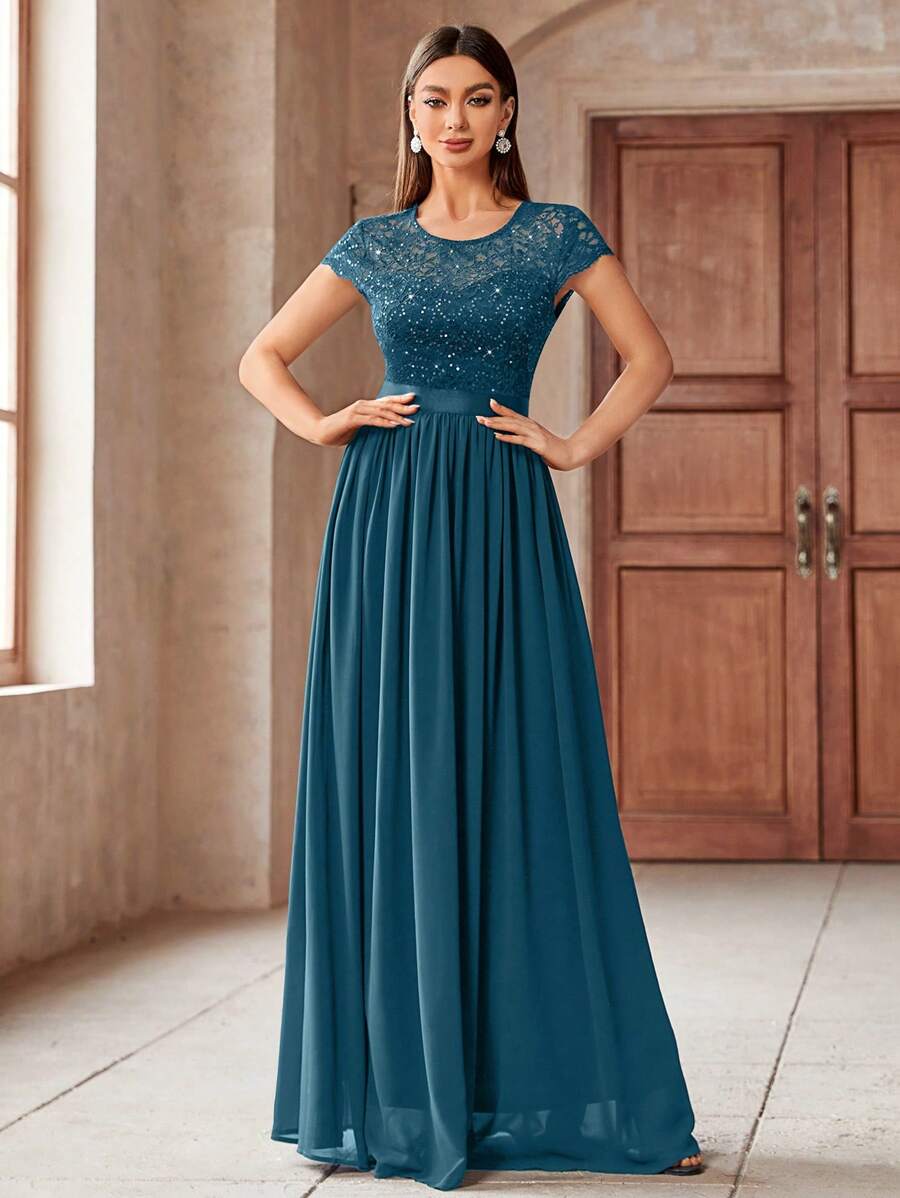 MIUSOL Elegant Women's Sequin Floral Lace Contrast Chiffon Maxi Dress With Pleated Hem, Perfect For Easter, Mother Day, Evening Party, Wedding Guest, Anniversary Balls - Màu xanh bụi bặm - Xem 1