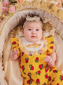 1pc Baby Girl Floral Pattern Lace Trimmed Cap Sleeve Romper With Ruffle Shorts, Summer - Multicolor - View 3