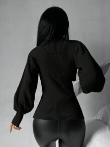 EURMUSE Jersey de cuello alto de manga farol - Negro - Ver 2