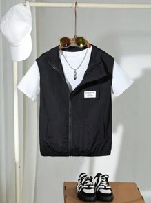 SHEIN Tween Boys Korean Style Letter Patched Zip Up Casual Sleeveless Jacket - Black - View 1