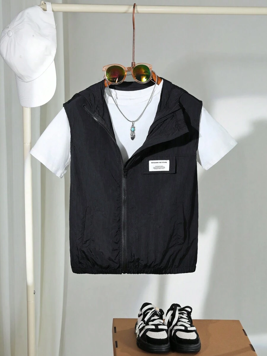 SHEIN Tween Boys Korean Style Letter Patched Zip Up Casual Sleeveless Jacket - Black - View 1