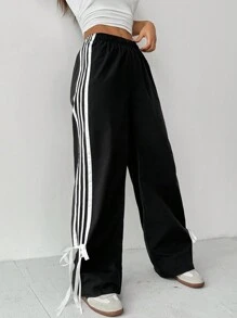 SHEIN PETITE 小碼女款配色腰帶簡約日常長褲 - 黑色 - 查看 7