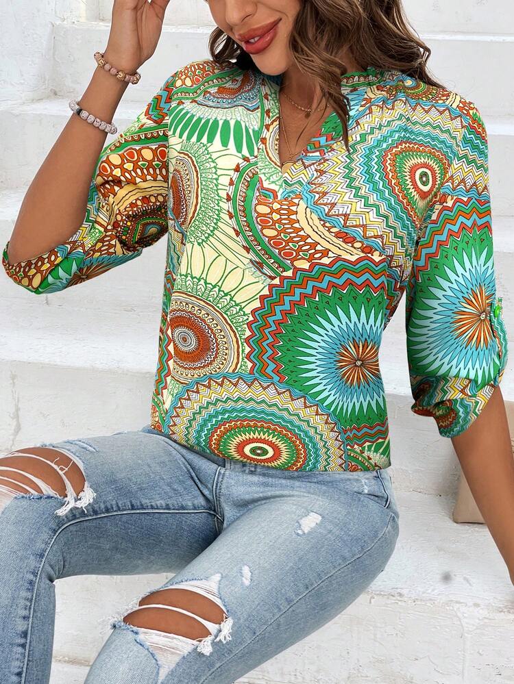 Women's Mandala Printed Ruffle V-Neck Long Shirt