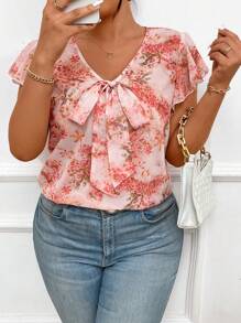 SHEIN Frenchy Áo sơ mi thường ngày in hoa cỡ lớn dành cho nữ, kiểu dáng đơn giản của Bridgerton - Hồng - Xem 3