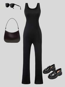 SHEIN Tween Girl Plain And Simple Daily Jumpsuit - Black - View 1