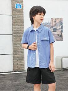 SHEIN 2pcs/Set Tween Boy Casual Striped Shirt And Shorts, Korean Style, Summer - Black - View 5
