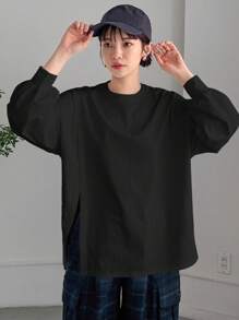 FRIFUL Áo thun nữ tay dài cổ tròn trễ vai màu trơn, dáng rộng, thường ngày, thời trang thu/đông xuân/hè, quần áo - màu đen - Xem 4