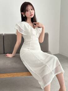 FRIFUL Women's Summer Elegant Solid Color Mid-Calf Length Dress With V-Neckline,Ruffle Maxi Dress - Beige - View 3