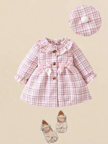 SHEIN 2pcs/Set Thick Woolen Cloth Ruffled Collar Ruffle Sleeve Dress And Hat For Baby Girls - Baby Pink - View 1