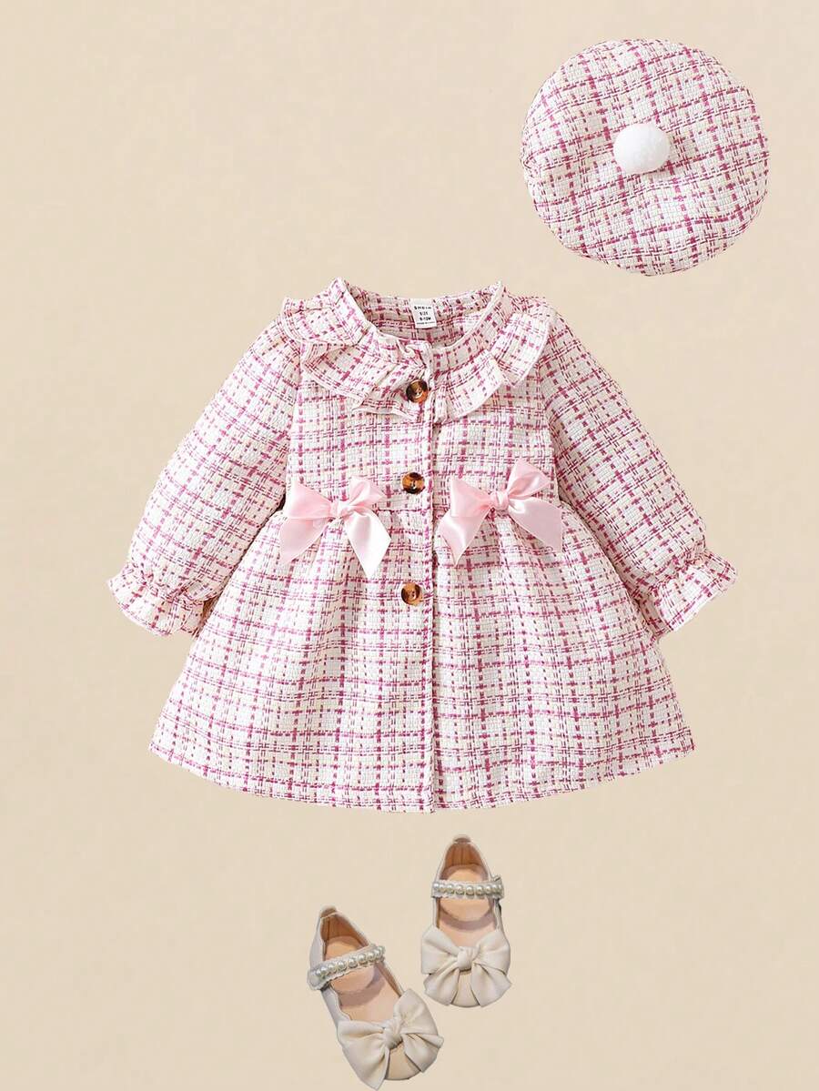 SHEIN 2pcs/Set Thick Woolen Cloth Ruffled Collar Ruffle Sleeve Dress And Hat For Baby Girls - Baby Pink - View 1