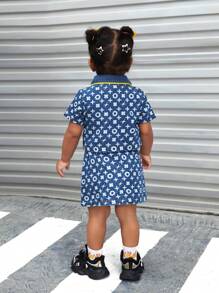 SHEIN Wildeya 3pcs Baby Girls' Denim Top, Short-Sleeve T-Shirt And Skirt Set With Color-Blocking And Full Print Pattern, Fashionable