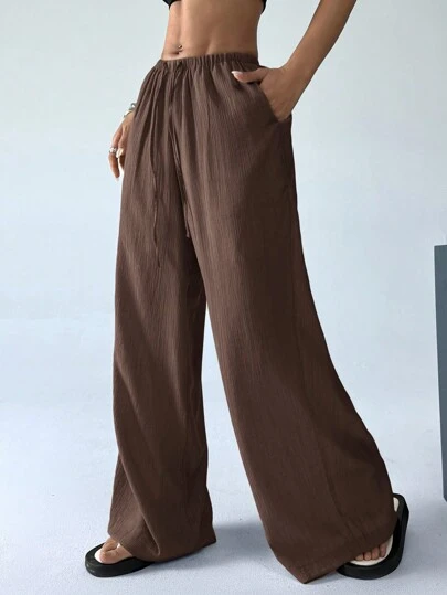 SHEIN EZwear Women's Casual Solid Color Drawstring Wide Leg Pants