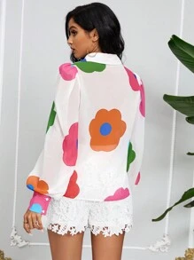 SHEIN Lady 女式多彩花卉印花基本款休閒白色鈕扣衬衫襯衫上衣，夏季必備 - 彩色 - 查看 2