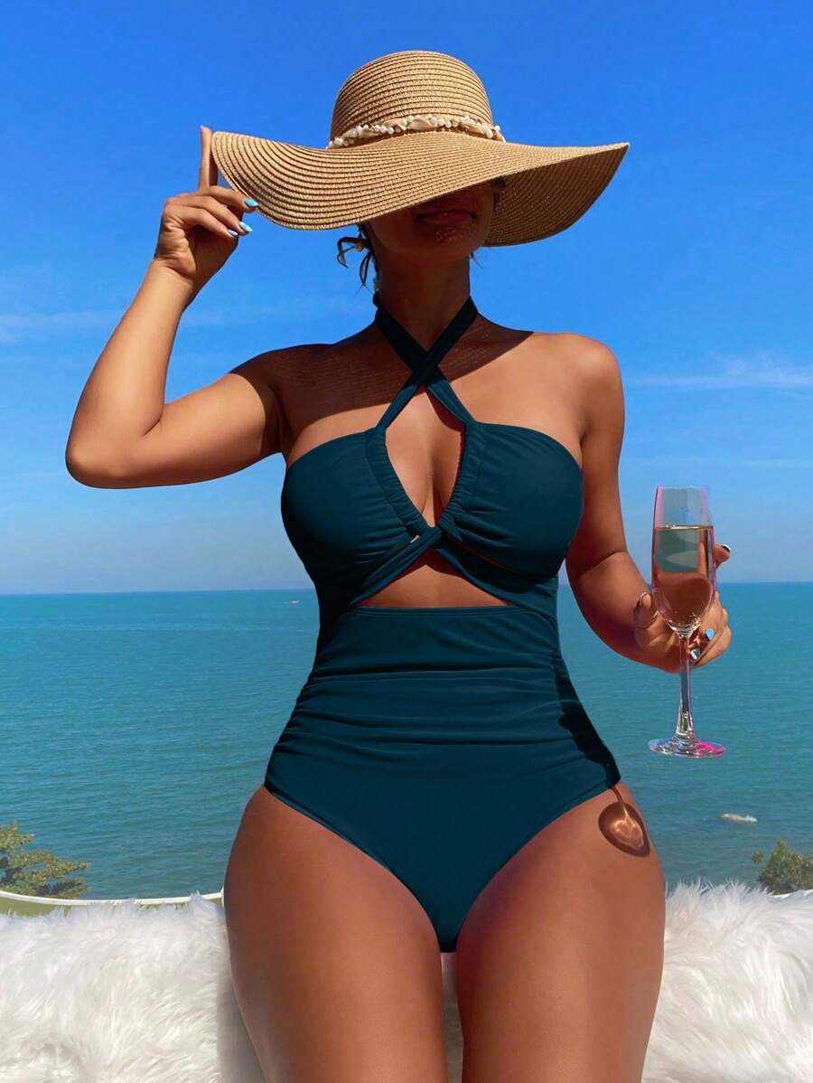 Swim Vcay Women's Solid Color Halter Neck Backless One-Piece Swimsuit For Beach Vacation Summer - Teal Blue - View 1