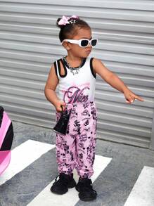 SHEIN Explorewe Sommer Neue Straßenmode Baby Mädchen gespleißt geripptes Tank Top ohne Ärmel mit Off-Shoulder Design, digitalem Muster und gewebter rosa Lässsig hose, 2-teiliges Outfit - Pink - Übersicht 4