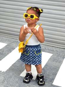 SHEIN Wildeya 3pcs Baby Girls' Denim Top, Short-Sleeve T-Shirt And Skirt Set With Color-Blocking And Full Print Pattern, Fashionable