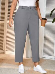 SHEIN Frenchy Plus Size Solid Colored Straight Leg Casual Suit Pants With Pockets In Spring - Grey - View 6